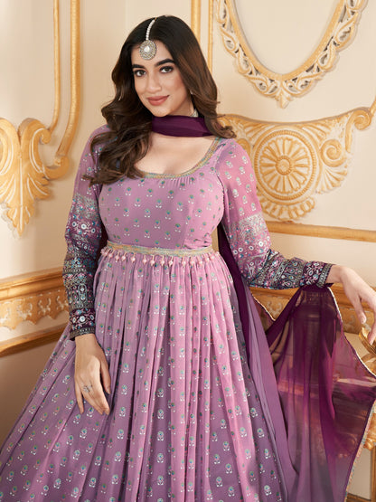 Enchanting Lavender Foil Work Georgette Wedding Gown With Dupatta