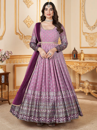 Enchanting Lavender Foil Work Georgette Wedding Gown With Dupatta