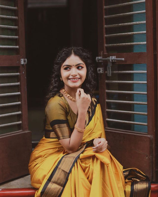 YELLOW & BLACK PURE SOFT SILK SAREE WITH  BLOUSE PIECE