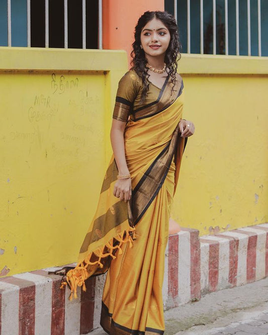 YELLOW & BLACK PURE SOFT SILK SAREE WITH  BLOUSE PIECE