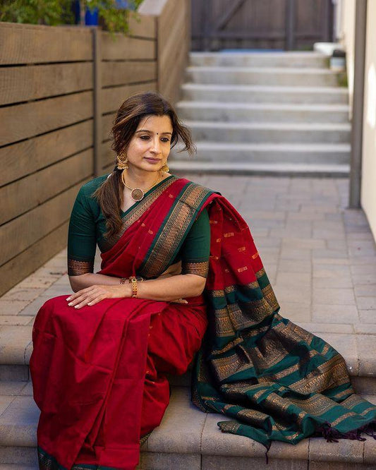 RED WITH DARK GREEN COMBINATION PURE SOFT SEMI SILK SAREE