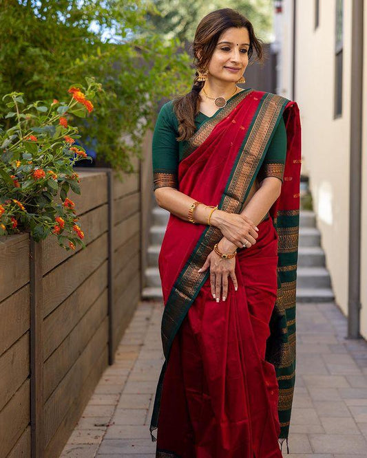 RED WITH DARK GREEN COMBINATION PURE SOFT SEMI SILK SAREE