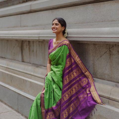 P GREEN AND PURPLE COMBINATION PURE SOFT SEMI SILK SAREE WITH ATTRACTIVE BLOUSE PIECE