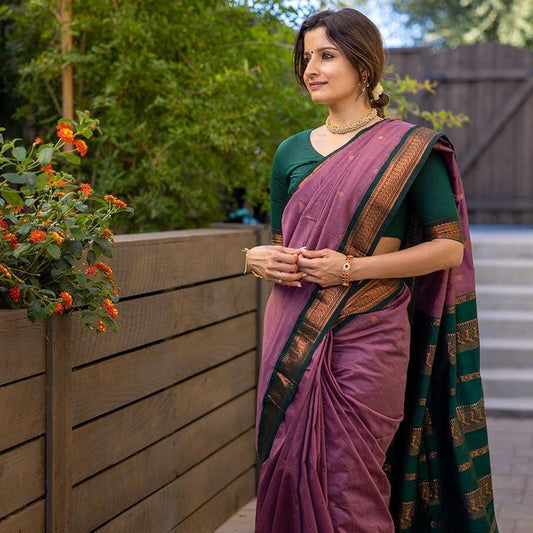 PURPLE WITH DARK GREEN COMBINATION PURE SOFT SEMI SILK SAREE WITH BLOUSE PIECE