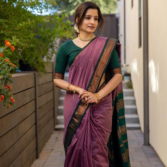 PURPLE WITH DARK GREEN COMBINATION PURE SOFT SEMI SILK SAREE WITH BLOUSE PIECE