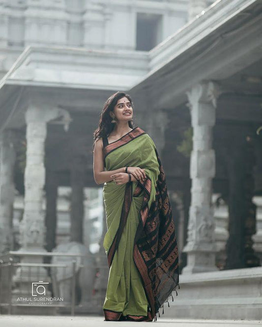 LIGHT GREEN & BLACK COMBINATION PURE SOFT SEMI SILK SAREE WITH ATTRACTIVE BLOUSE PIECE