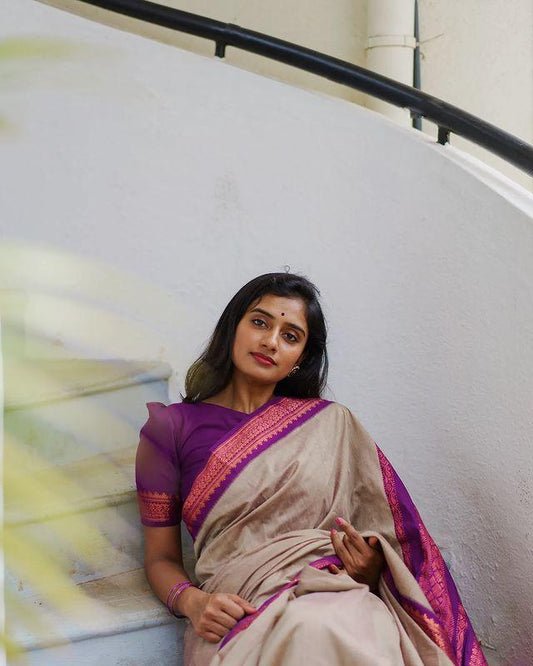 GREY WITH PURPLE COMBINATION PURE SOFT SEMI SILK SAREE WITH ATTRACTIVE BLOUSE PIECE