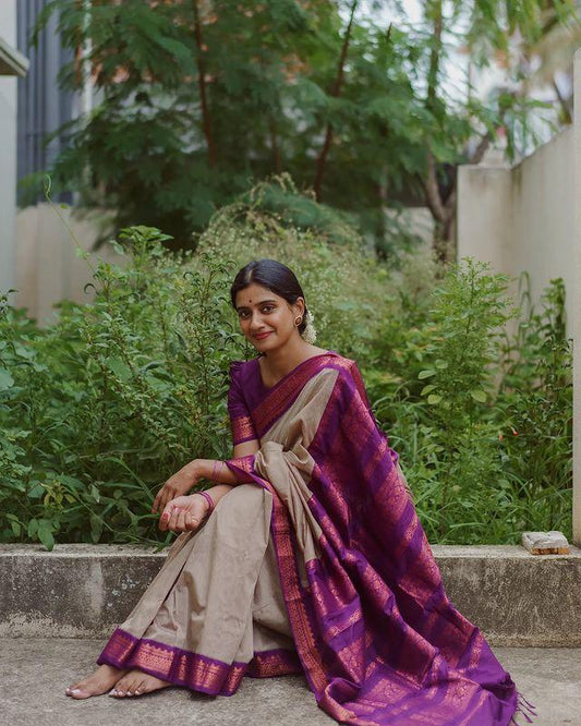 GREY WITH PURPLE COMBINATION PURE SOFT SEMI SILK SAREE WITH ATTRACTIVE BLOUSE PIECE