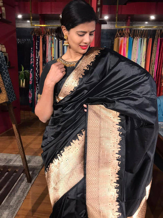 BLACK PURE SOFT SEMI-SILK SAREE STYLISH BLOUSE PIECE