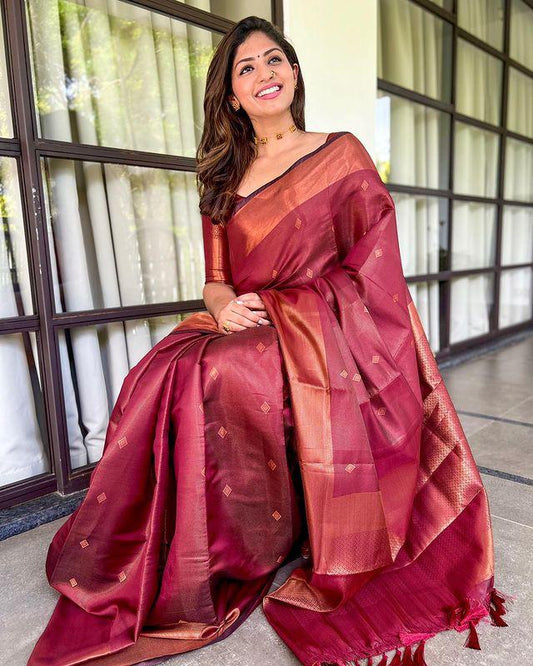 DARK MAROON PURE SOFT SEMI-SILK SAREE STYLISH BLOUSE PIECE