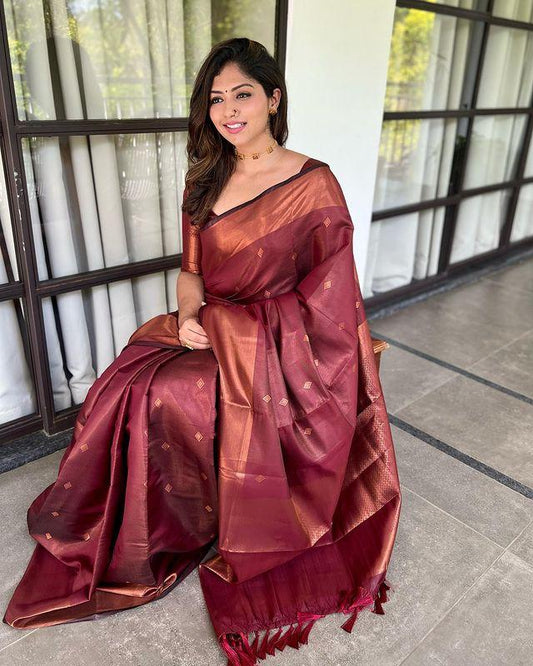 DARK MAROON PURE SOFT SEMI-SILK SAREE STYLISH BLOUSE PIECE