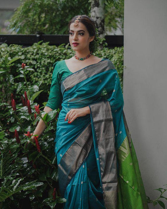 TEAL BLUE PURE SOFT SEMI-SILK SAREE STYLISH BLOUSE PIECE