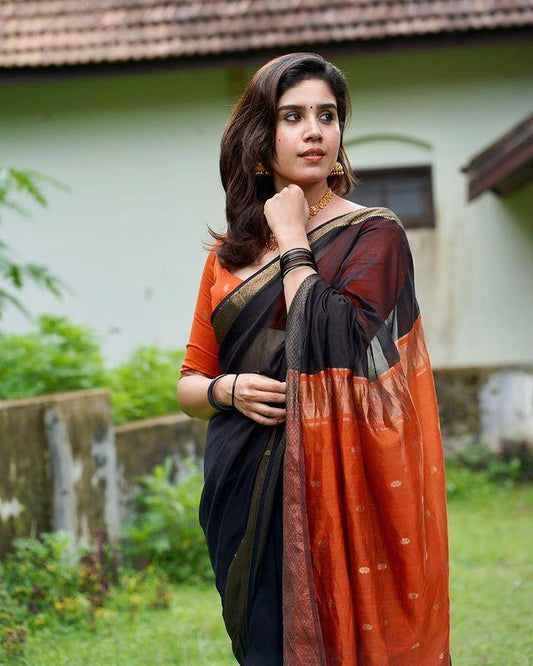 BLACK PURE SOFT SEMI-SILK SAREE STYLISH BLOUSE PIECE