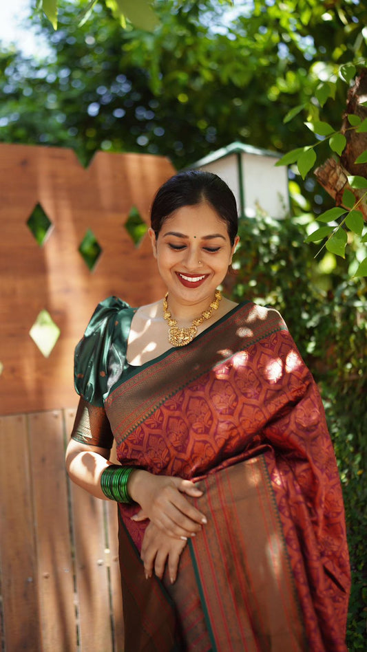 MAROON PURE SEMI SILK SAREE WEAVED WITH COPPER ZARI COMES WITH HEAVY BANARASI BROCADE BLOUSE