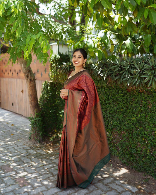 MAROON PURE SEMI SILK SAREE WEAVED WITH COPPER ZARI COMES WITH HEAVY BANARASI BROCADE BLOUSE