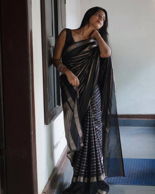 BLACK & SILVER COMBINATION PURE SOFT SEMI-SILK SAREE STYLISH BLOUSE PIECE