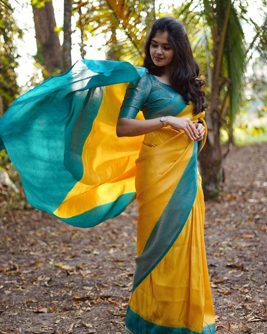 YELLOW & FIROZI COMBINATION PURE SOFT SEMI SILK SAREE WITH ATTRACTIVE BLOUSE PIECE