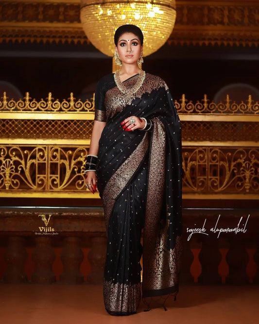 BLACK PURE SOFT SEMI SILK SAREE WITH ATTRACTIVE BLOUSE PIECE WEAVED WITH COPPER ZARI