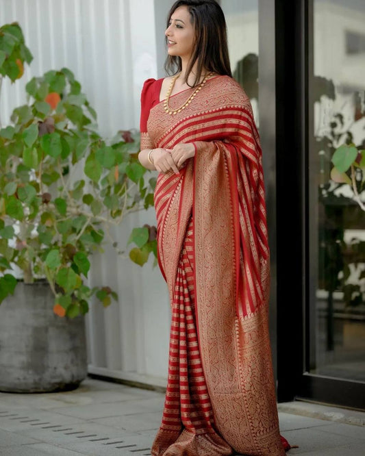 RED PURE SEMI SILK SAREE WEAVED WITH COPPER ZARI COMES WITH ATTACHED BLOUSE.