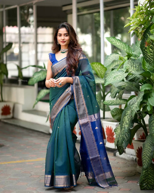 ROYAL BLUE & RAMA DUAL TONE PURE SOFT SEMI SILK SAREE