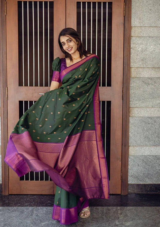 DARK GREEN PURE SOFT SILK SAREE WITH MOIETY BLOUSE PIECE