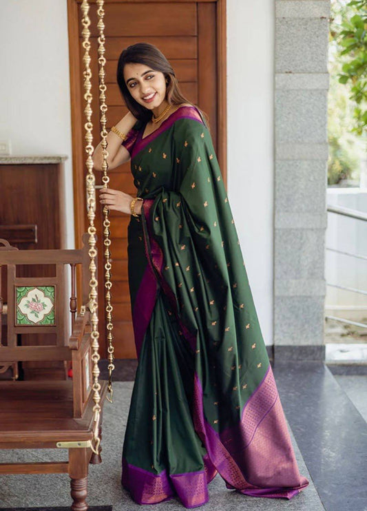 DARK GREEN PURE SOFT SILK SAREE WITH MOIETY BLOUSE PIECE