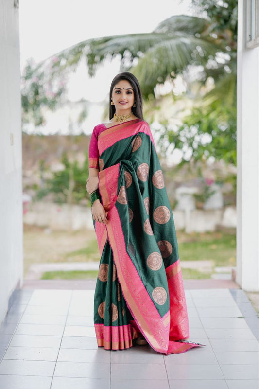 GREEN COLOUR SAREE PURE BANARASI COPPER ZARI WEAVING