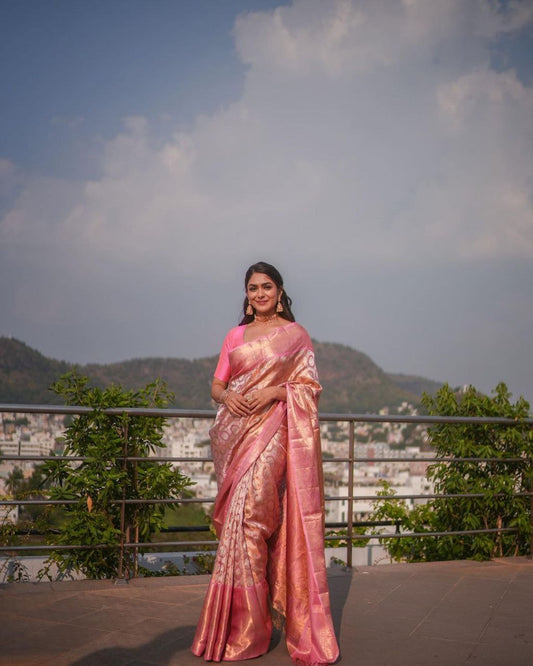 LIGHT BABY PINK COLOUR SAREE PURE BANARASI SILVER ZARI WEAVING