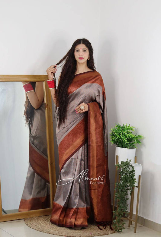 GREY COLOUR SAREE PURE BANARASI COPPER ZARI WEAVING