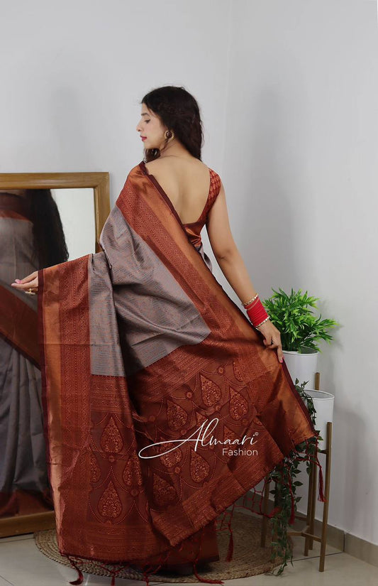 GREY COLOUR SAREE PURE BANARASI COPPER ZARI WEAVING