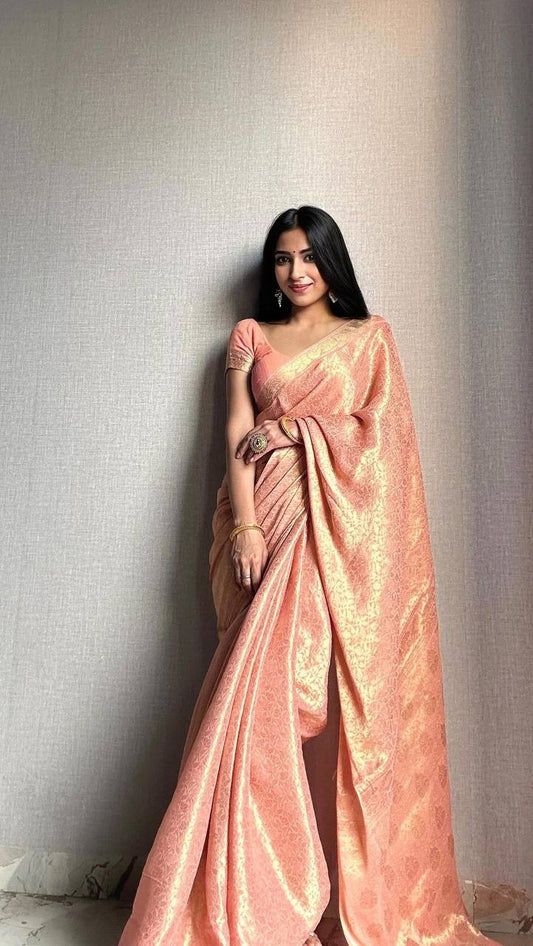 PEACH COLOUR SAREE PURE BANARASI GOLDEN ZARI WEAVING