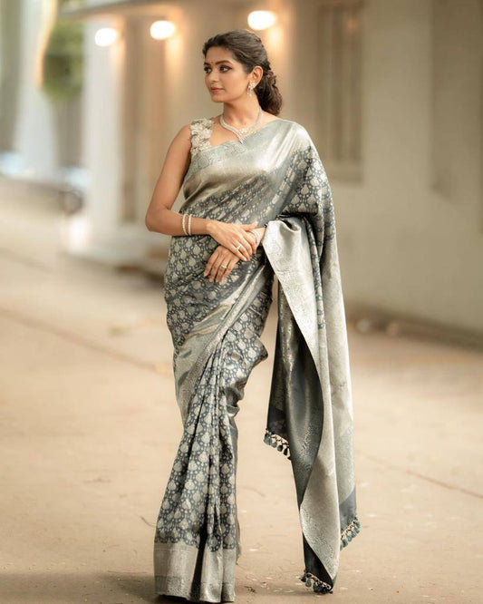 GREY COLOUR PURE BANARASI SILVER ZARI WEAVING SAREE