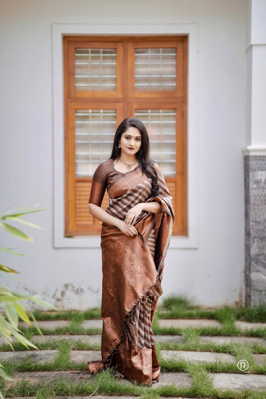 COFFEE COLOUR SAREE WITH WHITE LERIYA PATTERN AND COMES HEAVY BROCADE BLOUSE