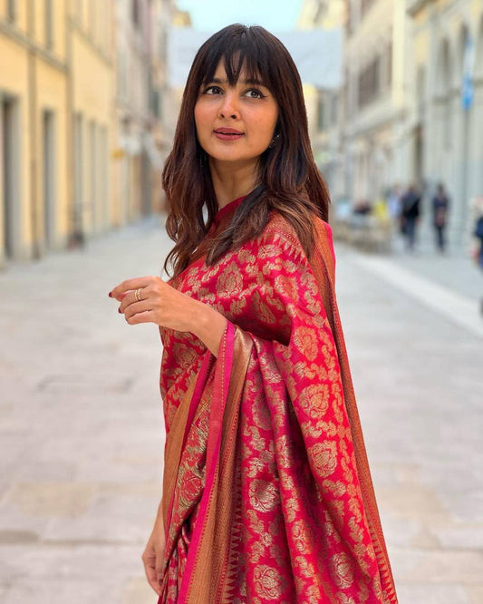 RED COLOUR SAREE  PURE BANARASI GOLDEN ZARI WEAVING