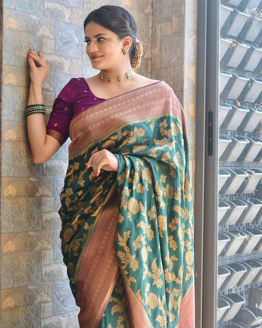 GREEN COLOUR SAREE PURE BANARASI COPPER ZARI WEAVING