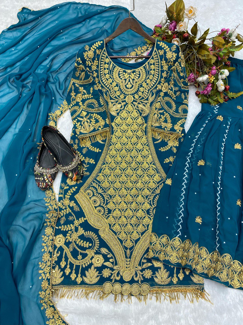 DESIGNER HEAVY GEORGETTE AND CORDING WORK SUIT SHARARA