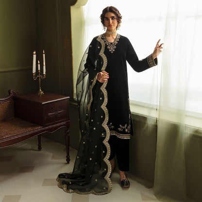 A VELVET SEQUENCE EMBROIDERY WORK TOP WITH PANT AND DUPATTA