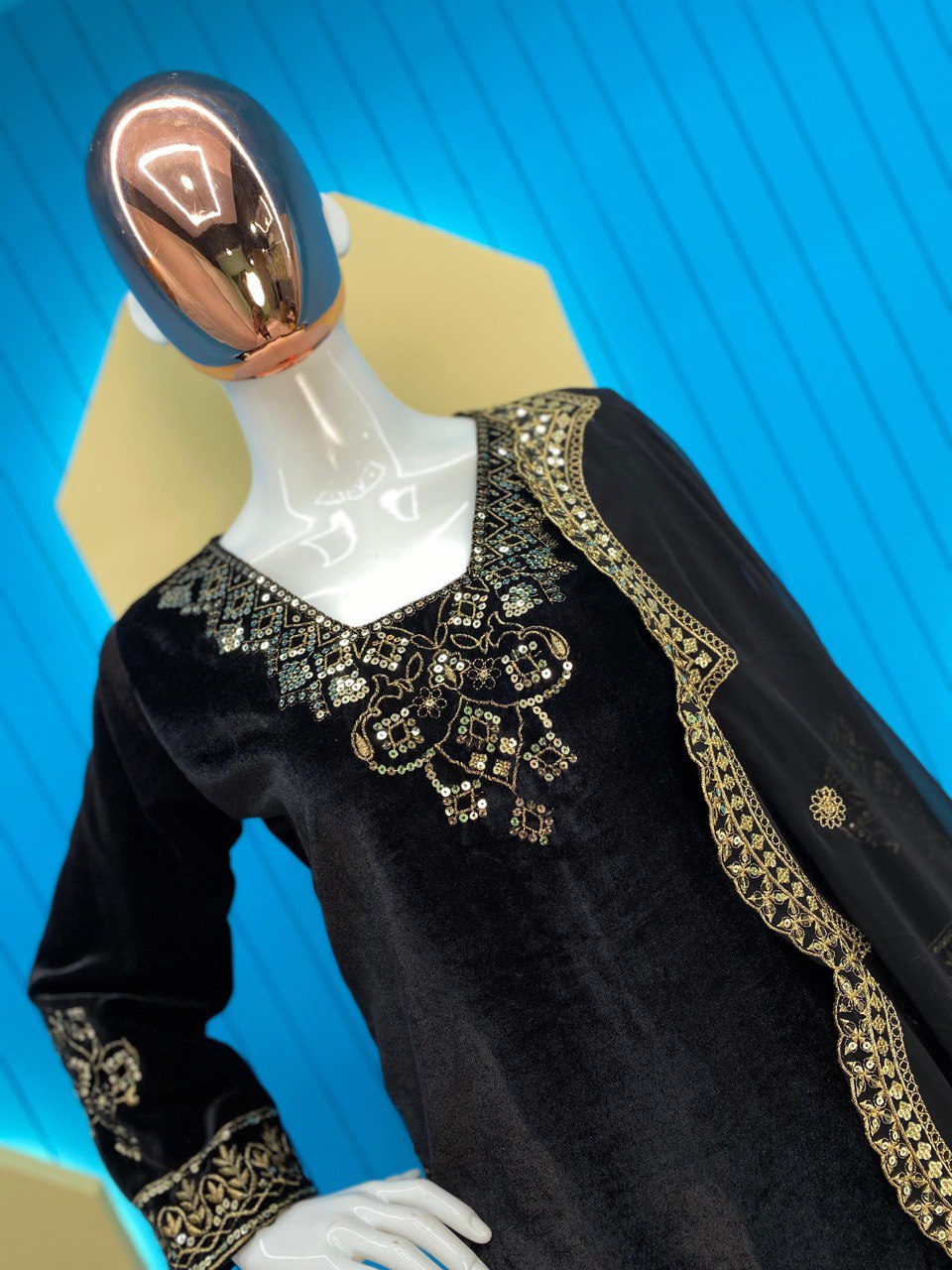 A VELVET SEQUENCE EMBROIDERY WORK TOP WITH PANT AND DUPATTA