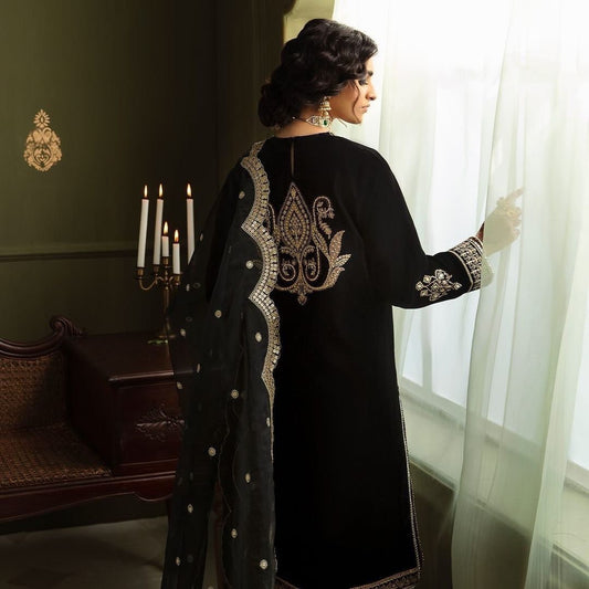 A VELVET SEQUENCE EMBROIDERY WORK TOP WITH PANT AND DUPATTA