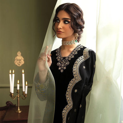 A VELVET SEQUENCE EMBROIDERY WORK TOP WITH PANT AND DUPATTA