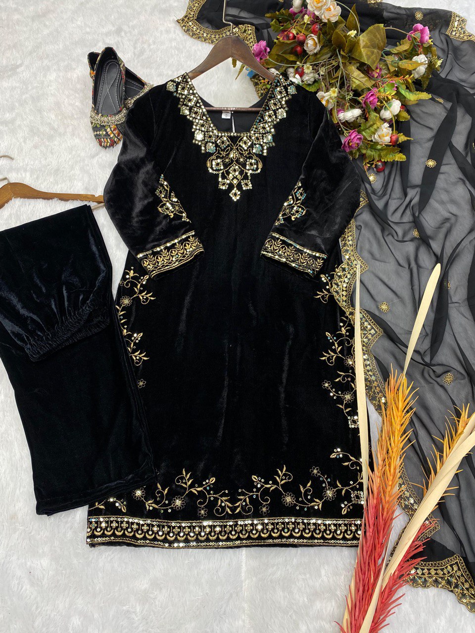 A VELVET SEQUENCE EMBROIDERY WORK TOP WITH PANT AND DUPATTA