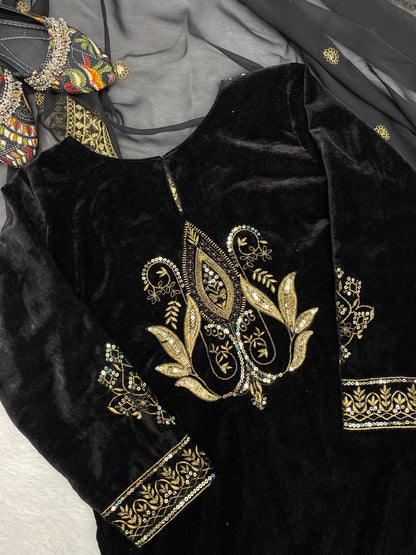 A VELVET SEQUENCE EMBROIDERY WORK TOP WITH PANT AND DUPATTA