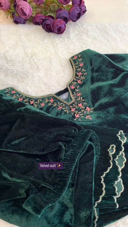 A VELVET CORDING EMBROIDERY WORK TOP WITH PANT AND DUPATTA