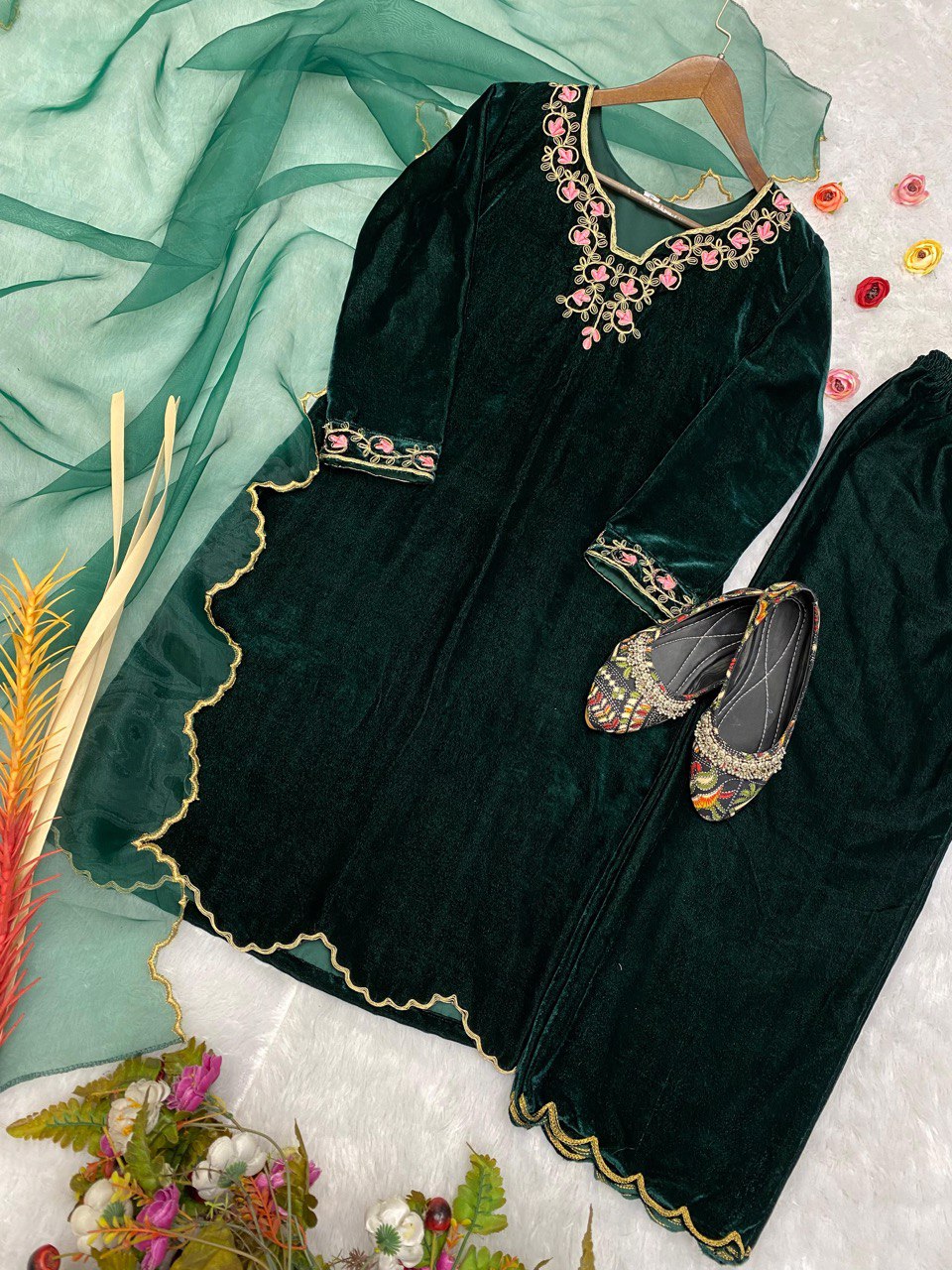 A VELVET CORDING EMBROIDERY WORK TOP WITH PANT AND DUPATTA