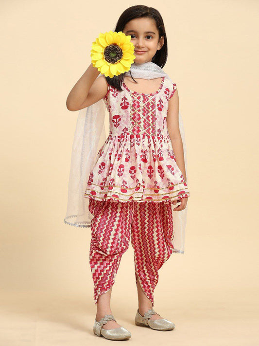 Beautiful Floral KURTA with Tulip Dhoti and designer bow with front Lace