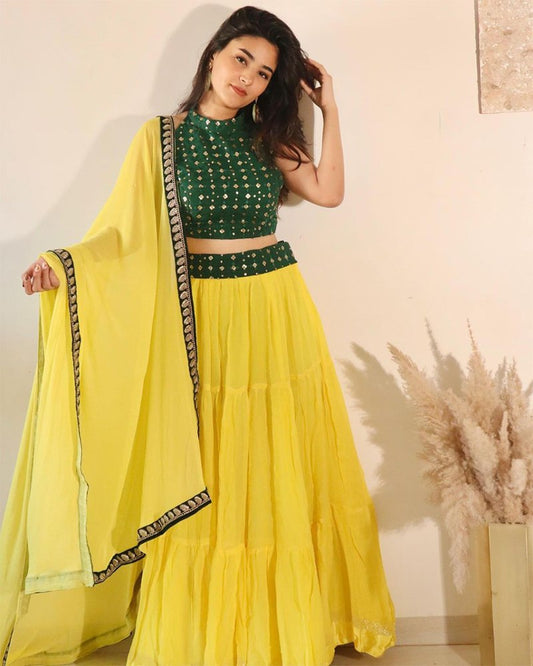 Yellow Color Georgette Frill Lehenga Choli With Dupatta