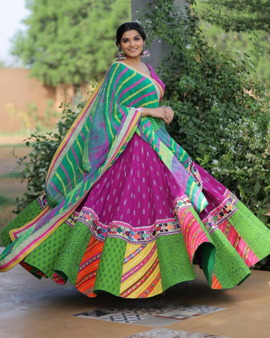 Designer Look Light Multicolour Heavy Mirror work Lehenga, Navratri Festival Lehenga,Designer Indian Navratri Lehenga choli