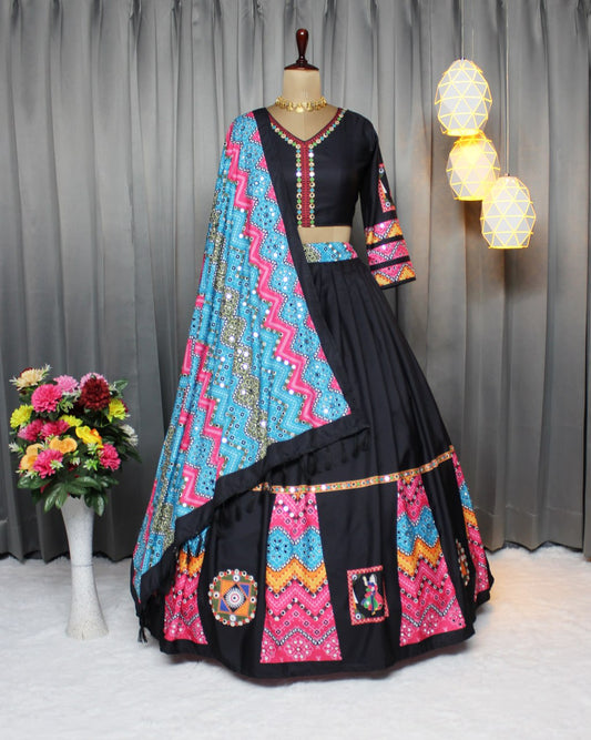 Silk Digital Print Lehenga Choli Mirror work Lehenga Navratri Festival Lehenga