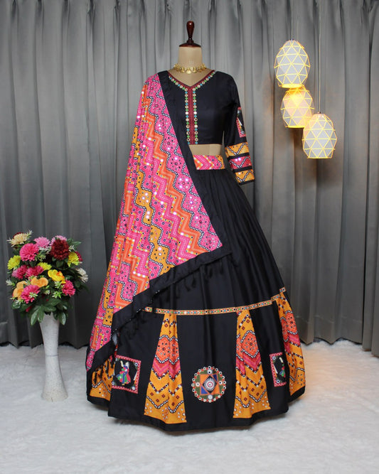 Silk Digital Print Lehenga Choli Mirror work Lehenga Navratri Festival Lehenga