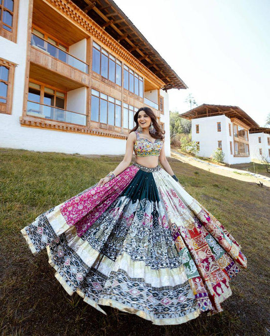 Navratri special lehenga choli Multicolor cotton print real mirror work navratri gujarati garba lehenga chaniya choli